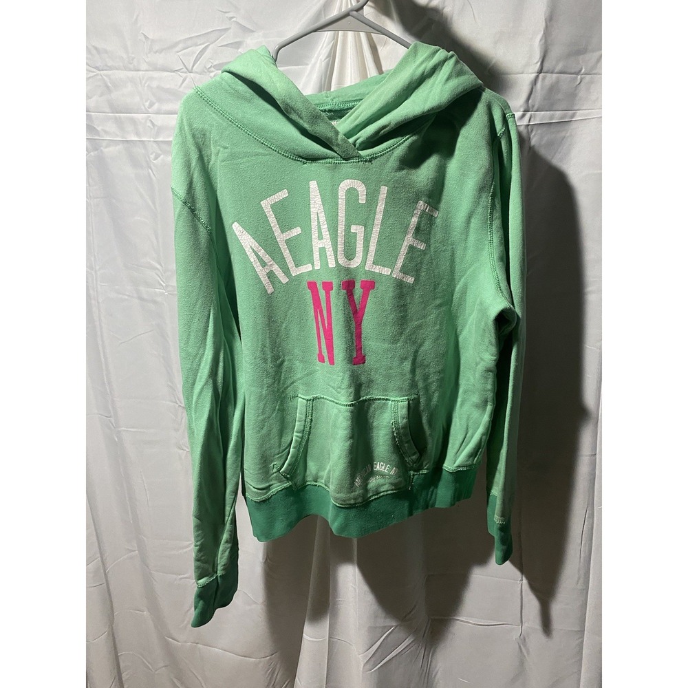 American Eagle NY Hoodie Womens XL Green Graphic Pullover Hooded Sweatshirt Y2K